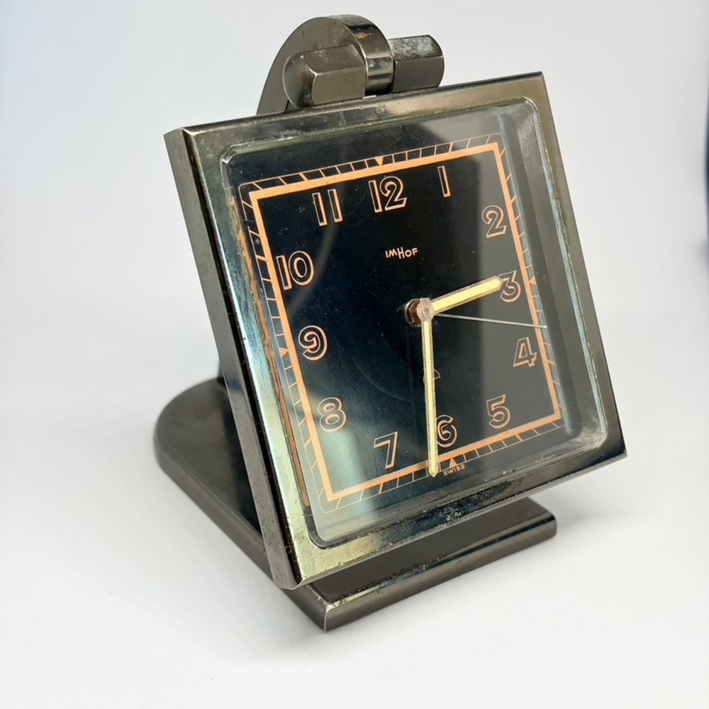 IMHOF Desk Clock Vintage Swiss Art Deco Metal Stand Mounting Mid Century 8 Day